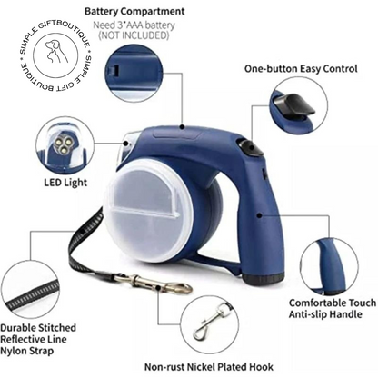 Total Control: Retractable Dog Leash with LED Light, Poop Bag Holder, Food Bowl, and Water Cup – Your Ultimate Pet Walking Companion